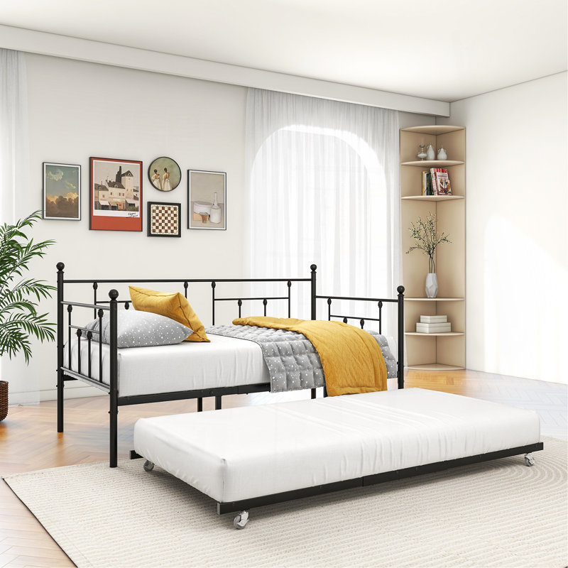 Twin Size Daybed Metal Frame With Trundle Set, Twin Day Bed Sofa, Daybed And Roll Sofa Bed For Guest Room, Bedroom, Living Room, Victorian Style, Black
