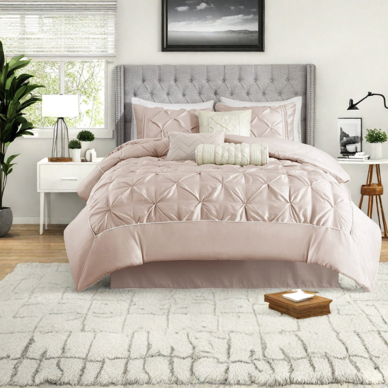 Elegant 7-piece Blush Bedding Set, Hypoallergenic Polyester, Sophisticated Bedroom Style
