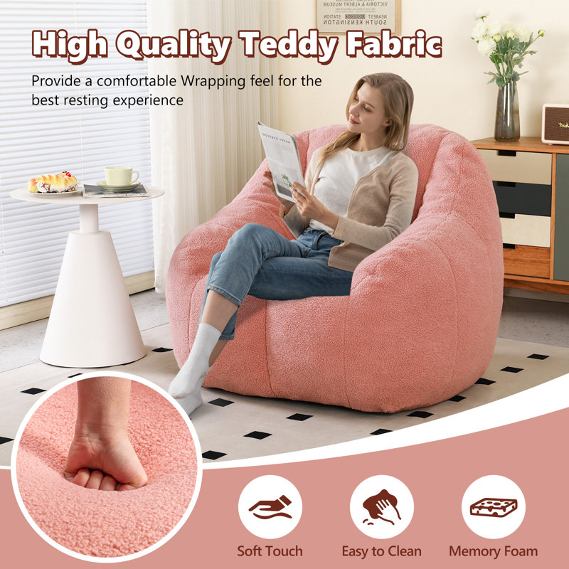 Compression Soft Teddy Fabric Tufted Memory Sponge Foam Filled Bean Bag Chair, Pink Teddy