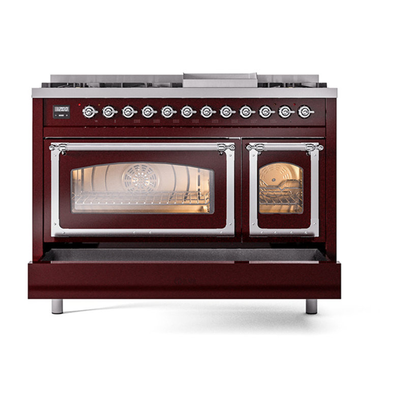 ILVE UN48FNMPEGG Nostalgie II Noblesse 48 inch Dual Fuel Range (8 Sealed Burners + Griddle, Triple Glass Door), Chrome
