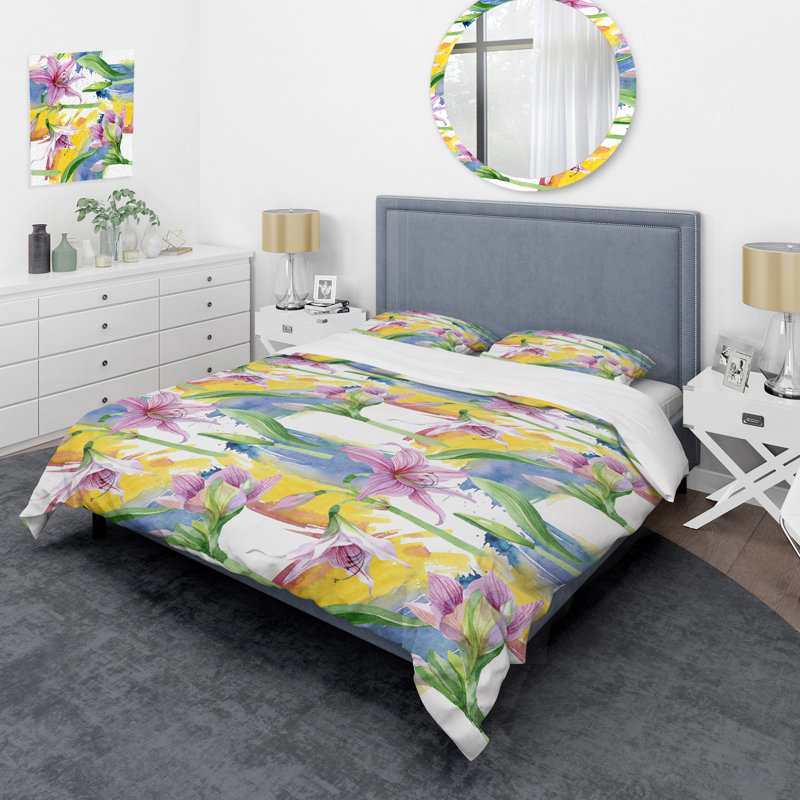 Fleurs jaunes et roses - Ensemble de housse de couette floral - Polyester microfibre