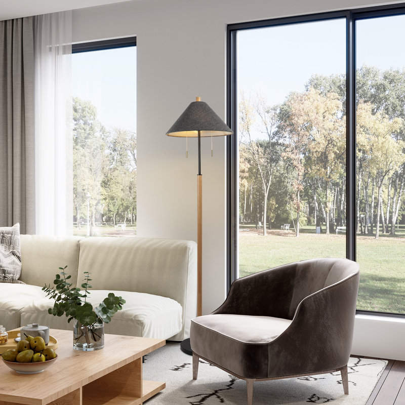 2-Light Rubber Wood Floor Lamp with Linen Shade