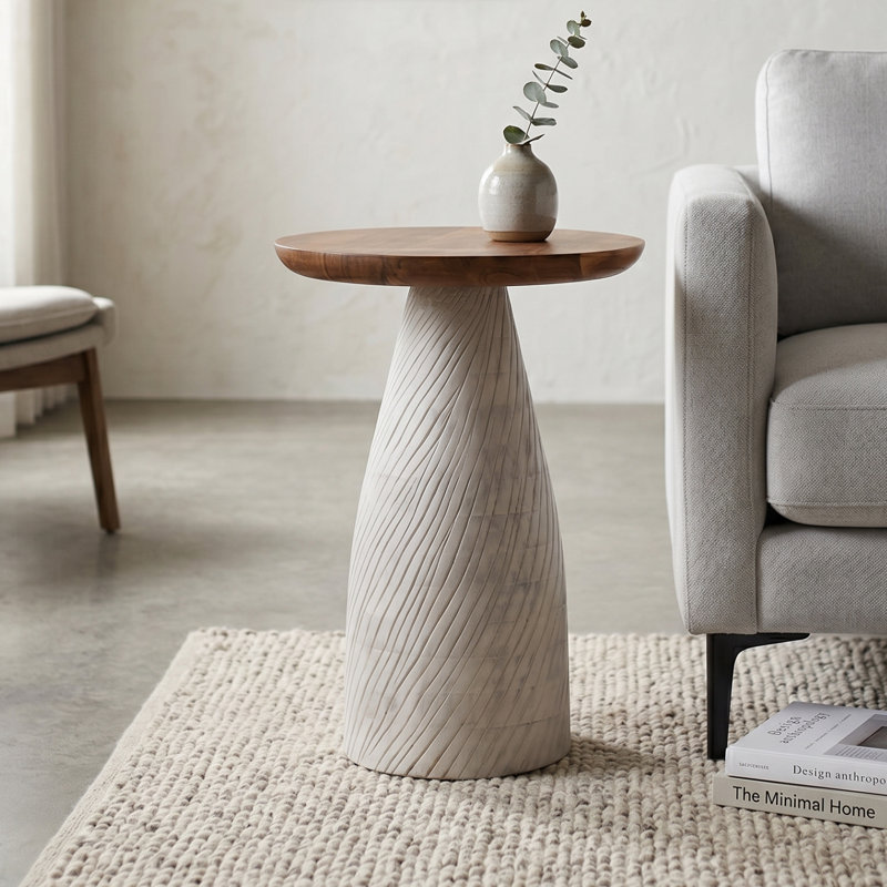 Mid-Century Farmhouse Cottagecore Round Wood Accent Drink Table, Whitewash