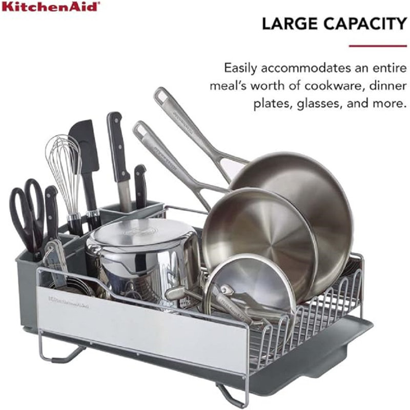 Large Capacity Full Size Rust Resistant Dish Rack With Angled Drain Board And Removable Flatware Caddy, Light Grey