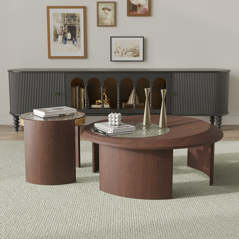 Walnut Wood and Ripple Glass Round Nesting Coffee Table Set