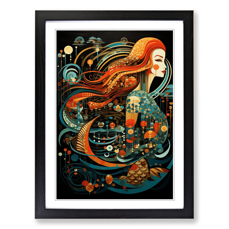 XYZ-FRM-V1223-4490 Mermaid Constructivism - Single Picture Frame Print on Wood, 64cm H x 46cm W x 2cm D, Black 