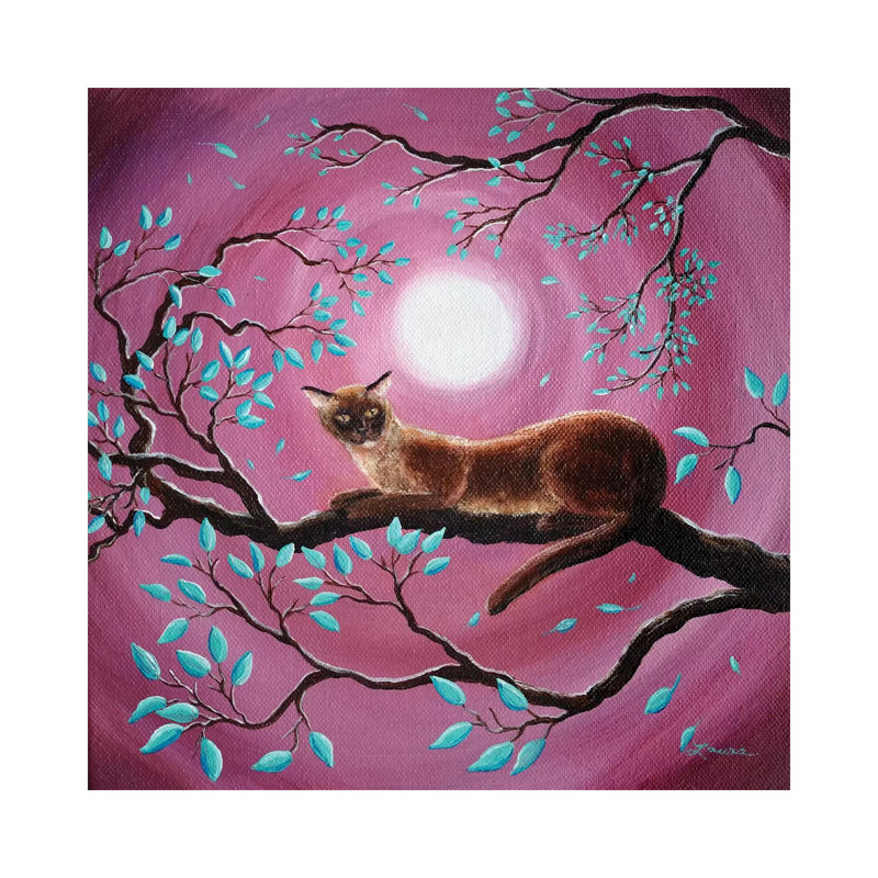 Chocolate Burmese Cat In Dancing Leaves by Laura Iverson - Wrapped Canvas Painting, 66.04 cm H x 66.04 cm W x 3.175 cm D