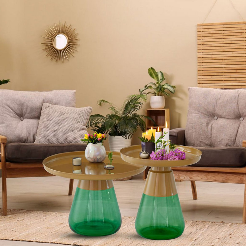 Ensemble de 2 tables d'appoint gigognes rondes avec plateau en métal noir mat et bases en verre gris fumé, Noir mat, Noir mat