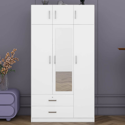 3 Doors Closet Wardrobe With 2 Drawers And Top Cabinet, Wooden Armoire Wardrobe Closet With Hanging Rod by Latitude Run