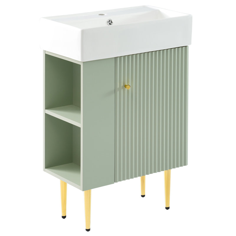Meuble-lavabo moderne avec lavabo en céramique et support de rangement pour armoire à gauche, Green