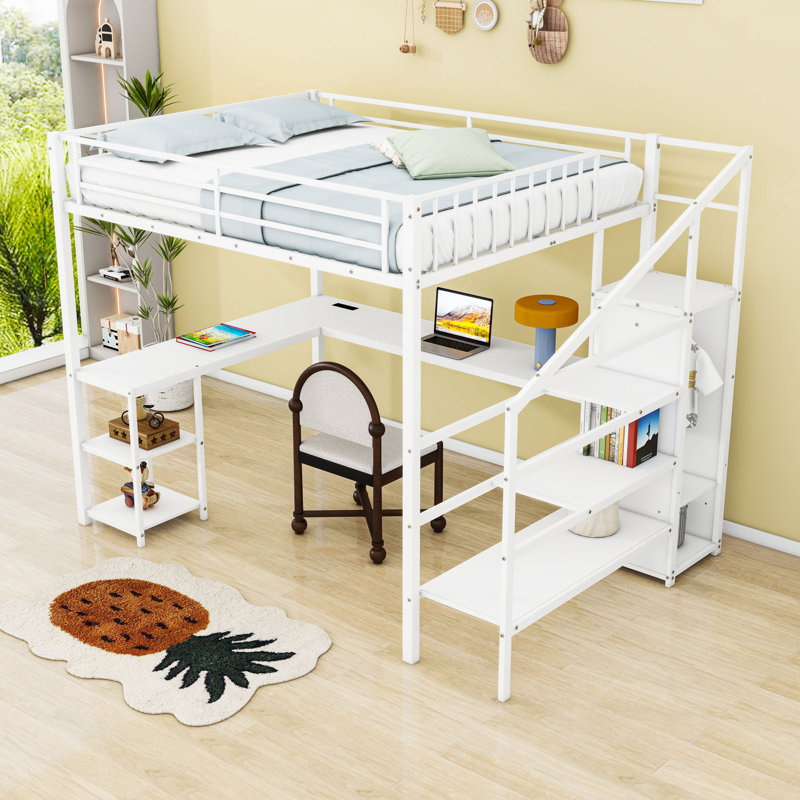 Queen Loft Bed With Desk, USB, And LED Lights