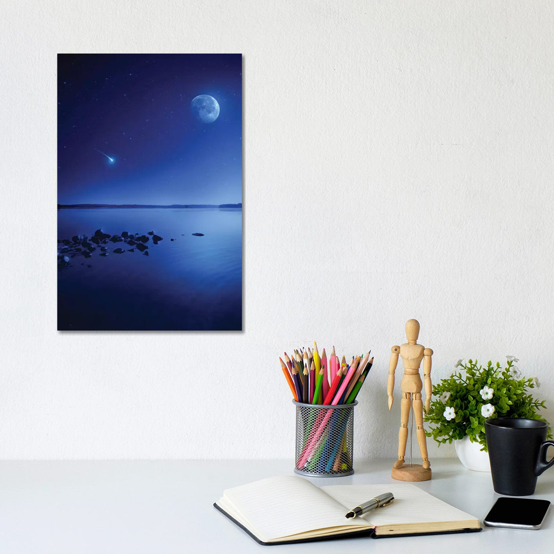 Tranquil Lake Against Starry Sky, Moon And Falling Meteorite, Finland II by Evgeny Kuklev - Wrapped Canvas Gallery-Wrapped Canvas Giclée