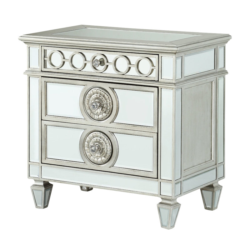 Table de chevet à miroir en couleur argent - garniture géométrique surélevée, glissement lisse