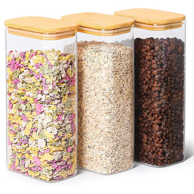 2 Qt Rectangle Glass Storage Containers With Lids, Glass Jars With Bamboo Lids, Clear Food Jar, Square Canister Set Of 3, Pantry Organizers And Storage
