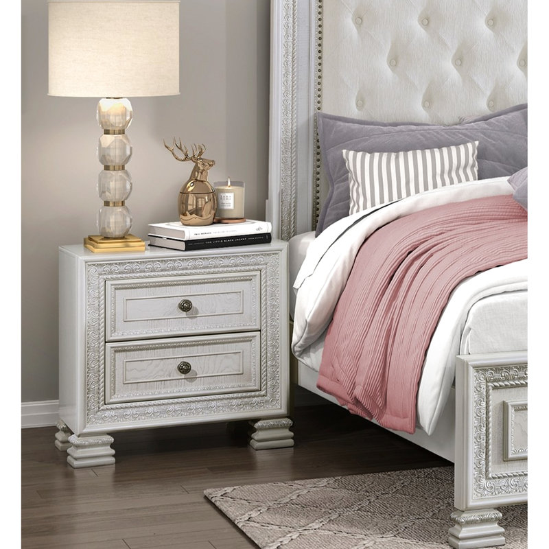 2 Table de chevet en bois avec finition blanc perle pour la chambre à coucher et fond de tiroir en placage