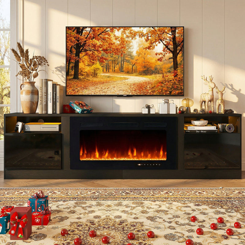 90" TV Stand with 50" WiFi Fireplace Included, Modern Media Console Entertainment Center for Tvs Up To 98", Black
