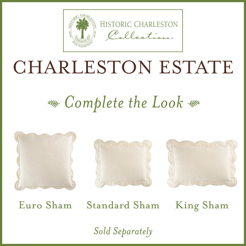 Historic Charleston Charleston Estate Standard Sham, 20 In x 26 In Pillow Cover, Embossed Scalloped Pillow Cover, 100% Cotton Standard Pillow Sham, Single Sham, Ivory