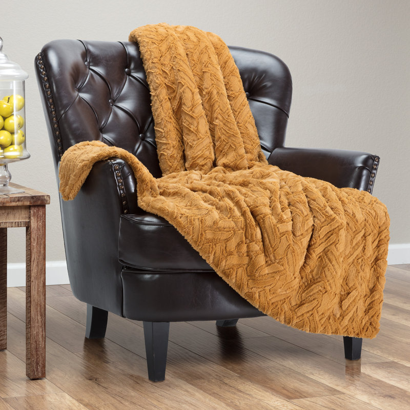Golden Knitted Faux Fur Throw Blanket with Tassels