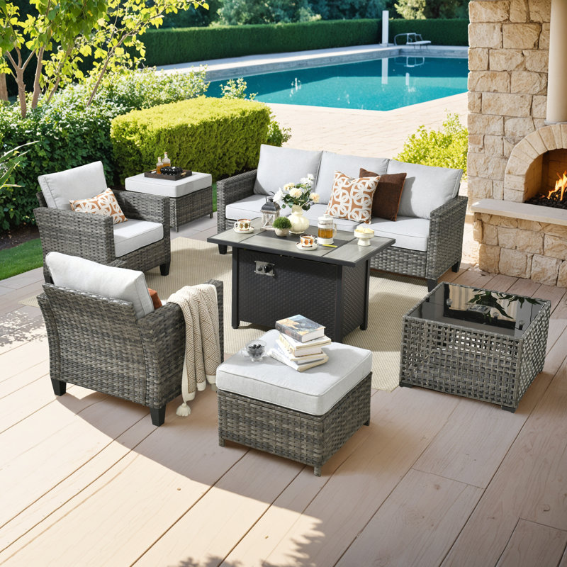 7-Person Outdoor Rattan Tent Reception Furniture Sofa Chair Set, Coffee Table With Light And 2-In-1 Stove Table, Light Gray