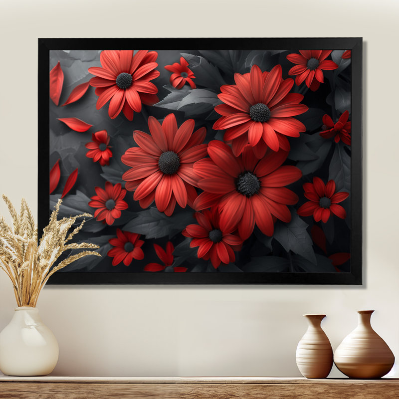 Décoration murale marguerites monochromes rouges et noires I - marguerites, Cadre simple noir, H 34 po x l 44 po x P 1,5 po