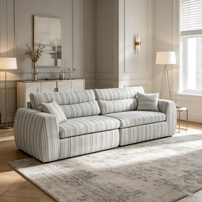 Canapé tissé à rayures en chenille, Blanc doux, taupe