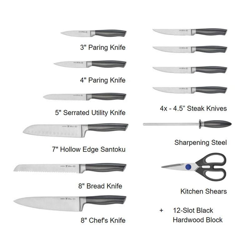 HENCKELS Graphite 13-Piece Knife Set with Block, Kitchen Knife Sharpener, Chef Knife, Steak Knife, Black, Stainless Steel