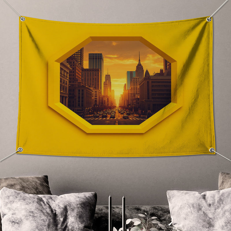 Tapisserie murale coucher de soleil paysage urbain octogone, H 68 po x l 80 po avec 4 œillets