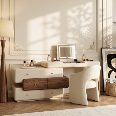 47.2" Modern Cream White Vanity Desk with LED Mirror, Walnut Drawers, Makeup Storage Vanity