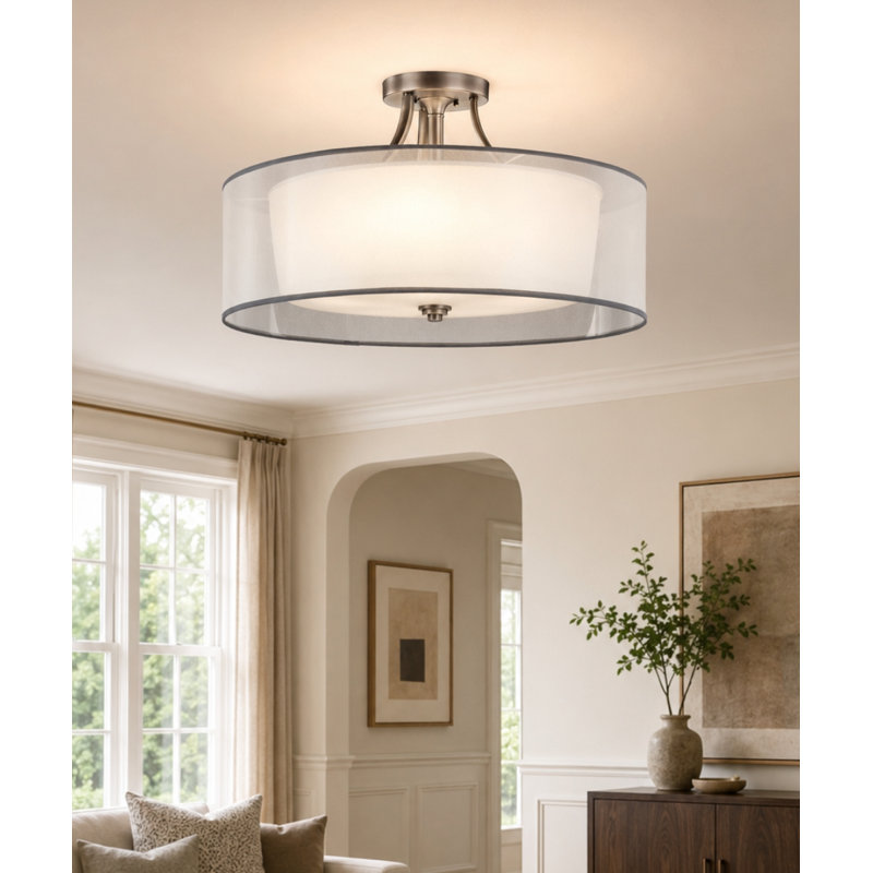 Plafonnier semi-encastré 28 lumières en étain antique 28 po avec organza blanc et abat-jour en verre satiné 28 po Lacey
