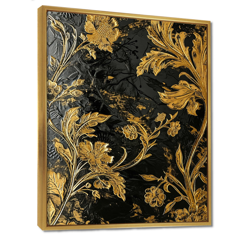 Feuilles d'or, botanique, rétro, salon, art mural, Toile avec cadre flottant or, H 40 po x l 30 po x P 1,5 po