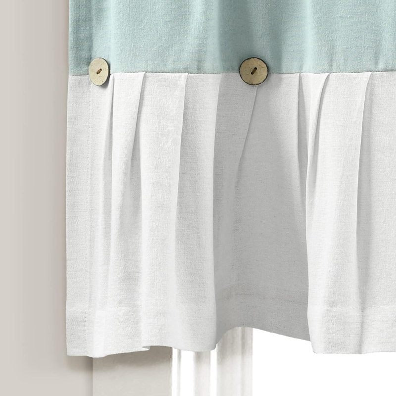 Linen Button Farmhouse Valance, 52" W X 18" L, & - Rustic Kitchen Valance For Windows - Pleated Color Block Design With Coconut Husk Button Detail - Kitchen Curtains Valance