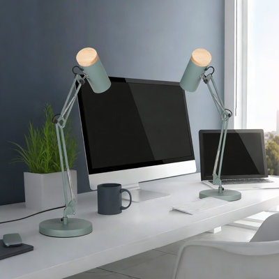 Lampe de table réglable en métal, grande taille, hauteur maximale 29,7 po, base E26, lumière de bureau à bras pivotant avec accent en bois, vert foncé