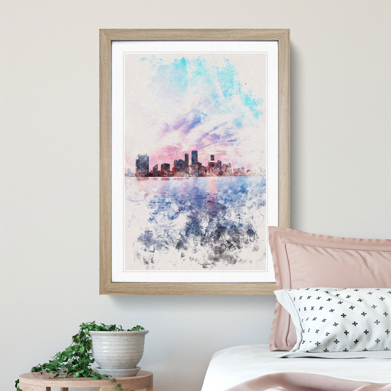 Miami Florida Skyline - Picture Frame Painting Print, Oak Framed, 87cm H x 62cm W x 2cm D