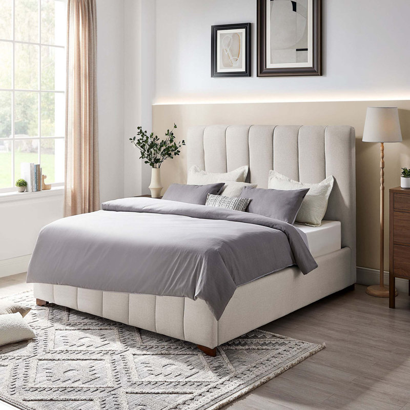 Base de lit plateforme moderne tapissier avec tête de lit, Simple, Blanc