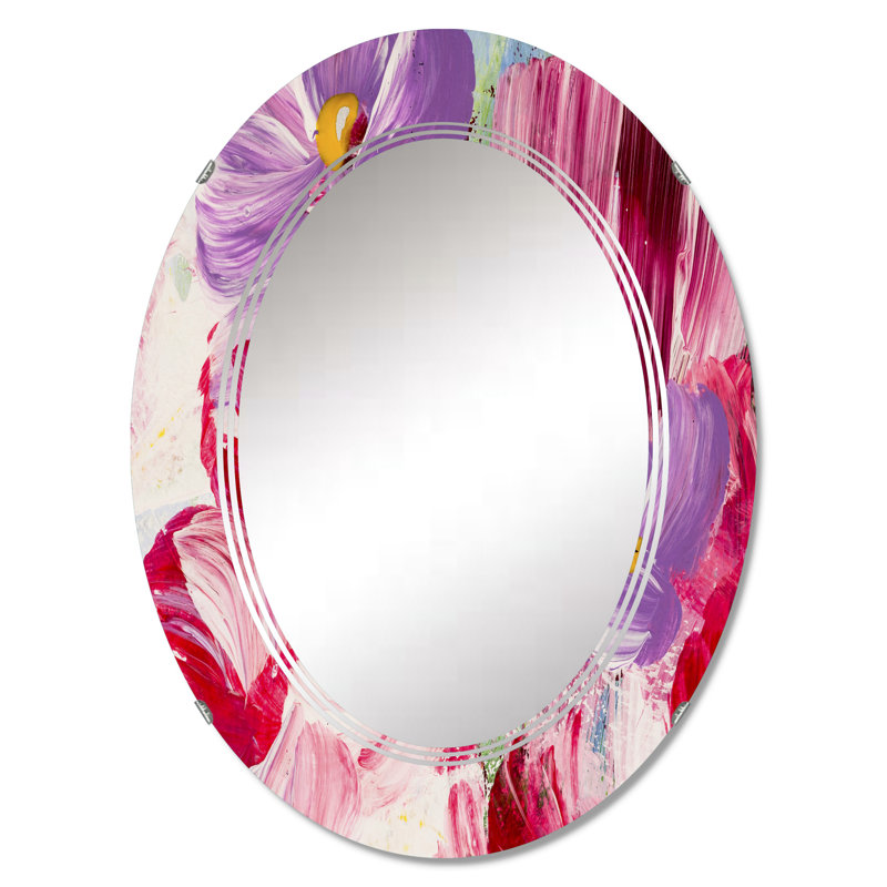 Fleurs abstraites rouges et mauves - miroir mural moderne ovale, 36 po x 24 po