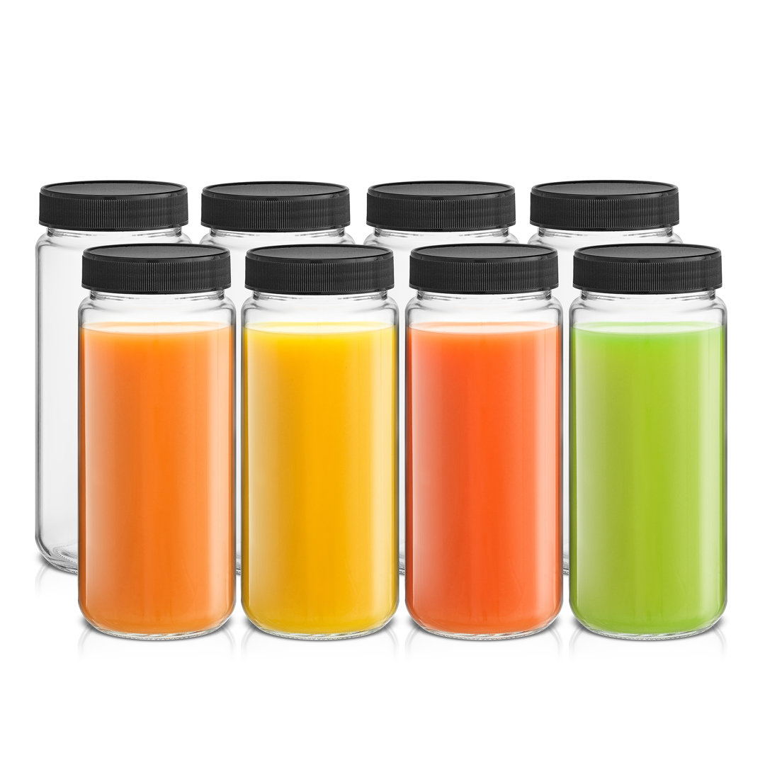 JoyJolt Glass Juice Bottles with Black Lids, 16oz (Set of 8) JoyJolt