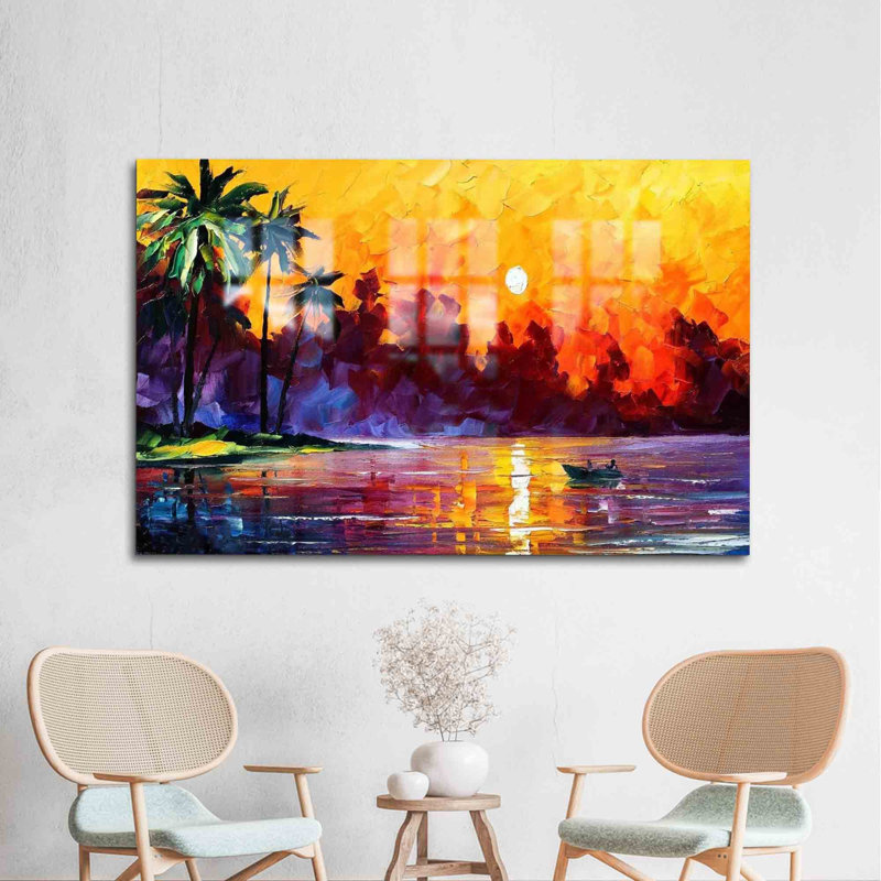 Superbe art abstrait sur verre pour une décoration murale élégante mettant en vedette le soleil, H 9,1 po x l 14,2 po