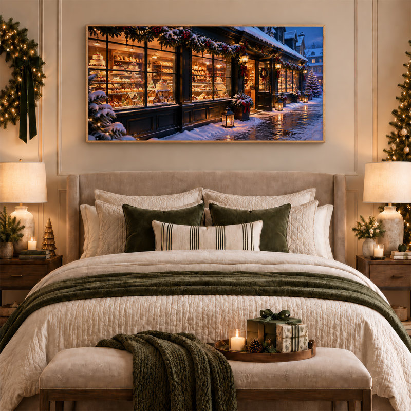 «Snowy Bakery», art mural sur toile avec pâtisseries et Noël, 40“W x 20”H
