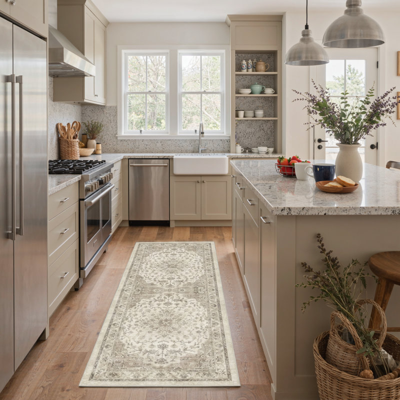 Roehit Floral Machine Washable Beige/Brown Indoor Oriental Performance Area Rug with Non-Slip Backing, Runner 2' x 6'