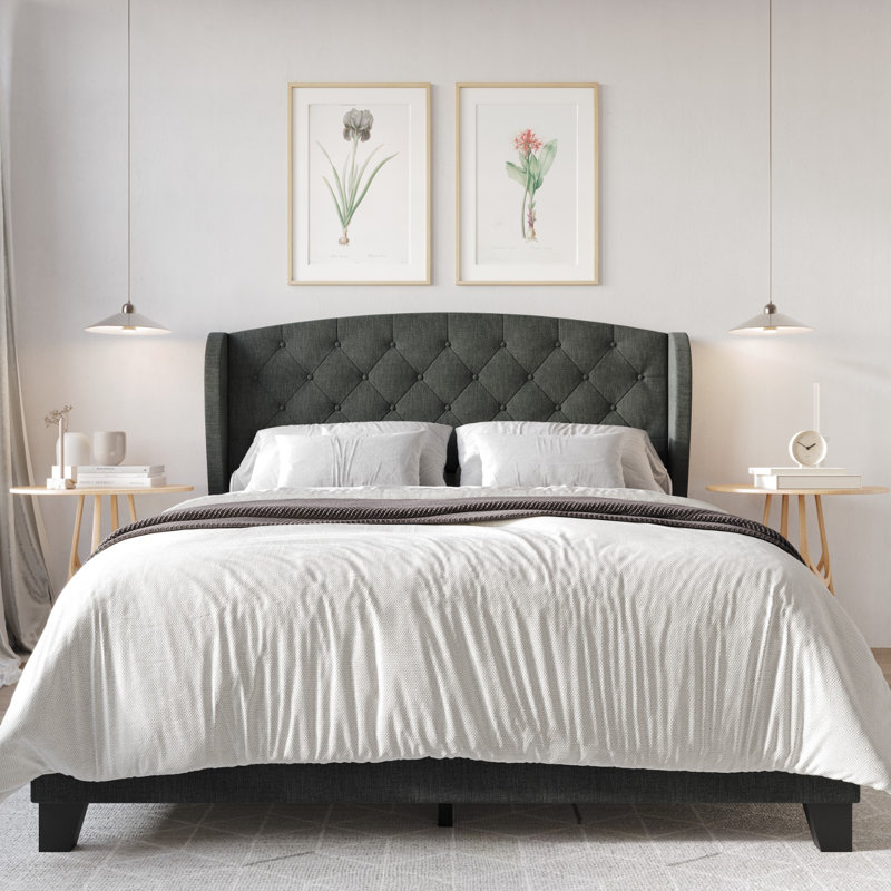 Arieya Upholstered Wingback Bed, King, Charcoal Gray