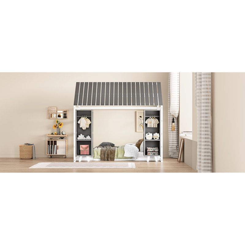 Lit simple en bois avec conception de maison - Clôture, toit et rangement gris pour la taille et amovible