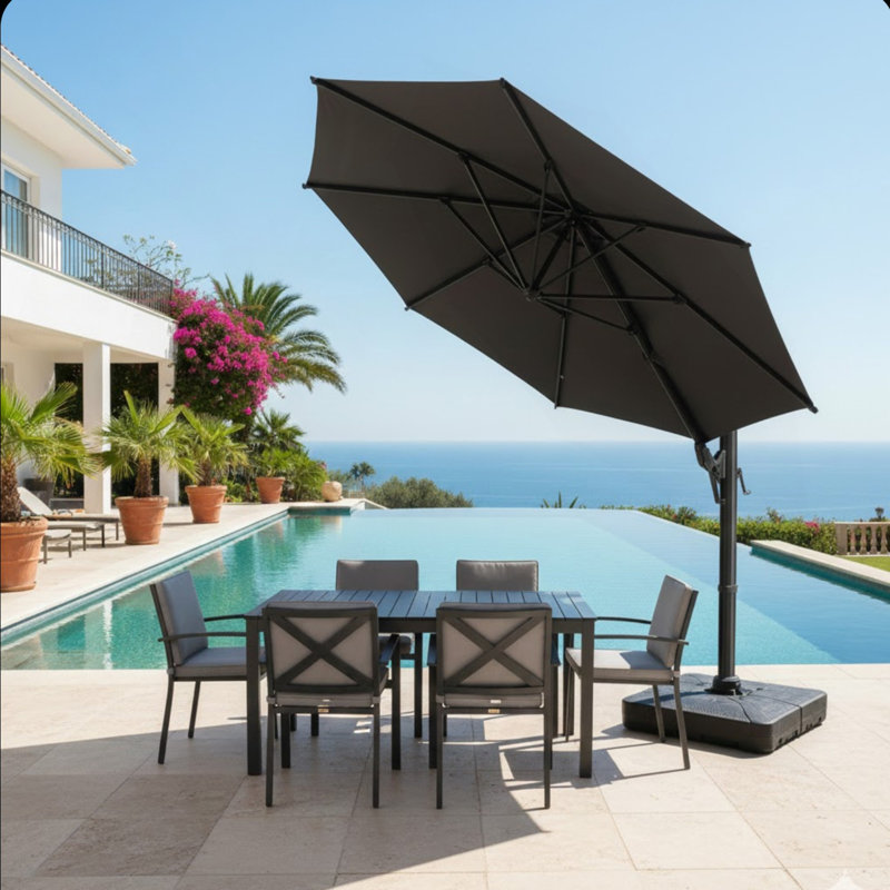 Grand parasol de patio en porte-à-faux carré gris de 10 pi avec rotation à 360 ° et réglage des mésanges et parasol de terrasse robuste à baldaquin en polyester sans base.