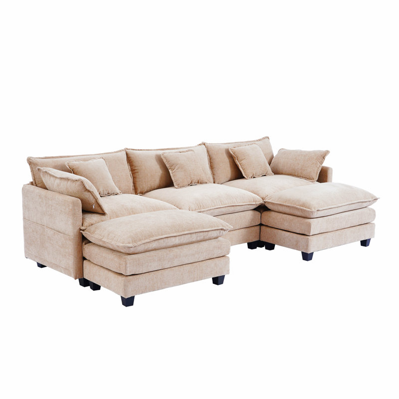 108'' Wide Modular U-Shaped Sectional Sofa with 2 Ottomans, Chenille Deep Seat Couch with 4 Pillows, Khaki Chenille