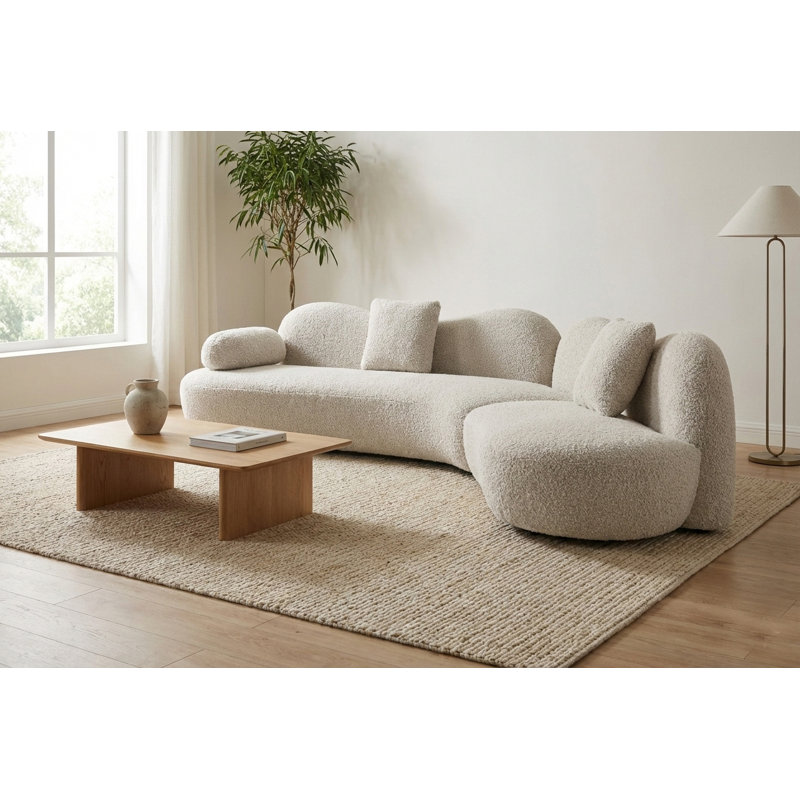Canapé modulaire courbé de 128 po à 5 places, beige / crème avec dossier papillon et coussins