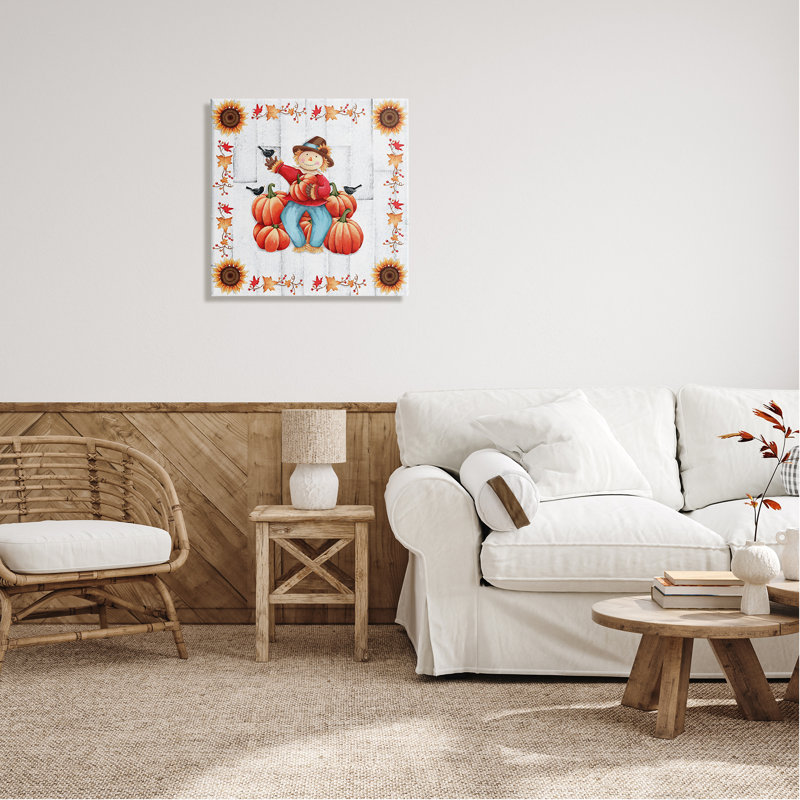 «Autumn Scarecrow & Pumpkins», art mural sur toile par Emma Leach, H 24 po x l 24 po x P 1,5 po