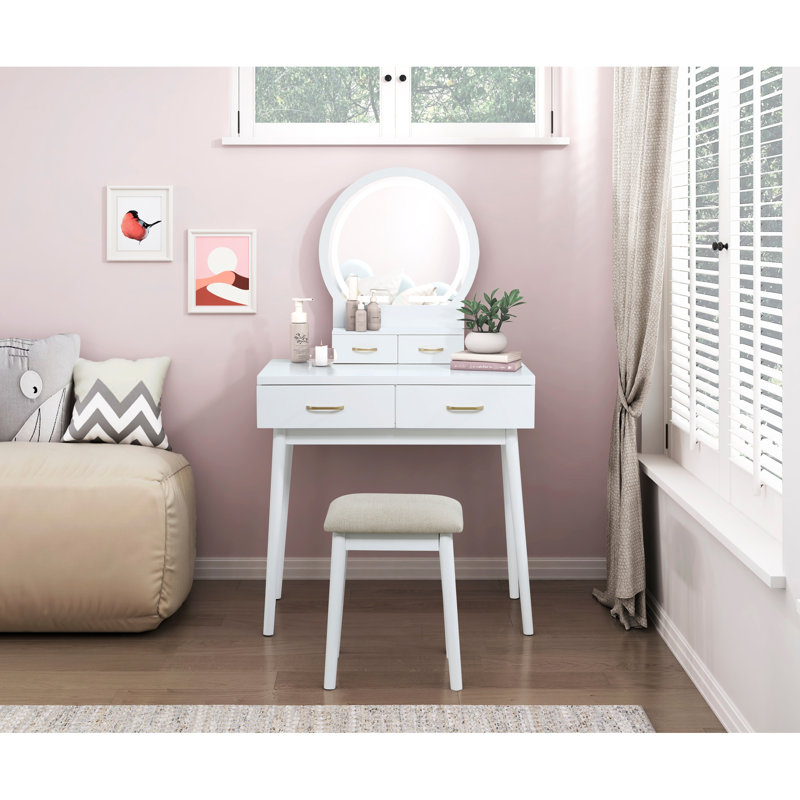 Luxury Furniture: White Finish Vanity With 4 Drawers, Smart Touch Led Mirror And Stool For Bedroom Decor Dresser Lighted Mirror, Smooth - Gliding Drawers
