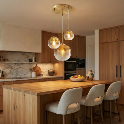 3-light Globe Pendant Light With Gradient Amber Glass Shades, Modern Gold Pendant Lighting For Kitchen Island, Dining Room, Living Room, Adjustable Height, E26 Base