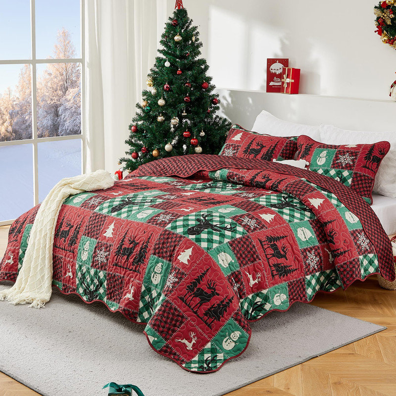 Ensemble de courtepointe en patchwork de Noël 3 pièces, couvre-lit de fête avec rennes, flocons de neige et sapin, style ferme