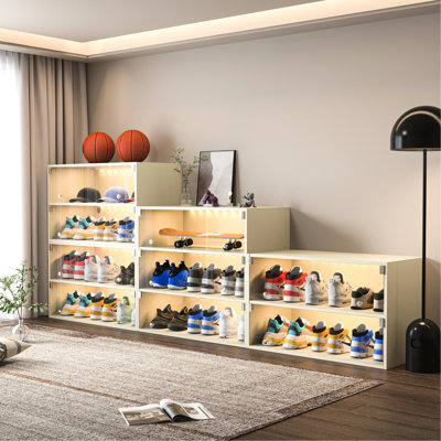 Sneaker Storage With Led - Wood & Glass Door, 6 Pair Storage, Stackable, Powered, 1-2 Drawers, American Design Shelf Color Variations Capacity, Cabinet