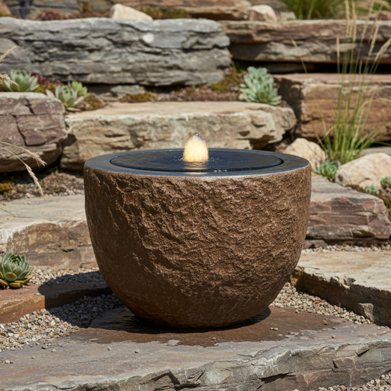 Fontaine ovale à bulles ovale en polystone à DEL - brun, H 12,5 po x l 18 po x P 18 po, Brun
